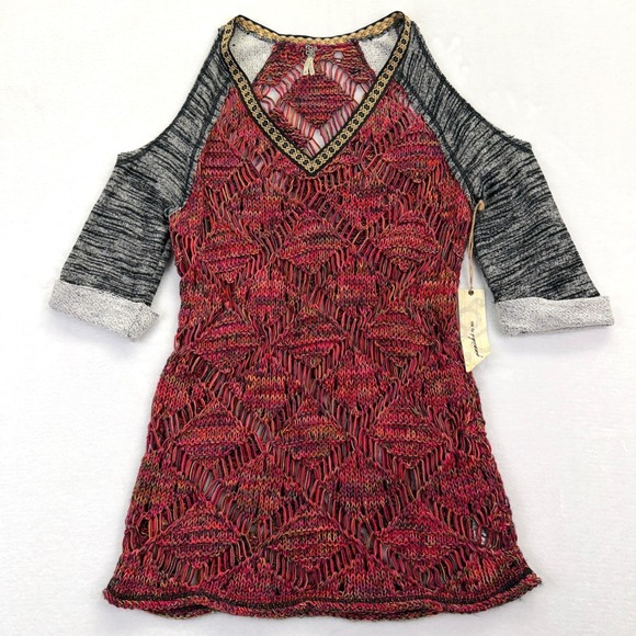 gimmicks by BKE Tops - NEW BKE Womens Size Small Cold Shoulder Boho Crochet Knit Tunic Top Pink Orange‎